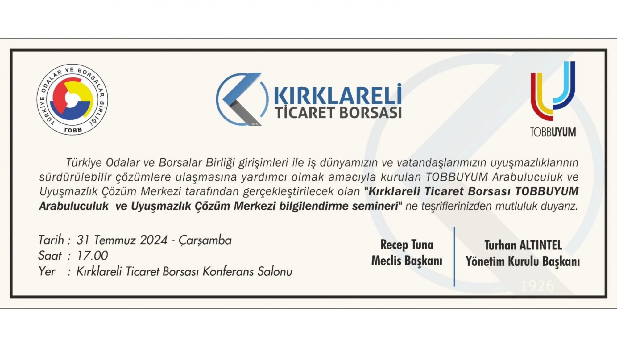 Kırklareli Ticaret Borsası TOBBUYUM Arabuluculuk  ve Uyuşmazlık Çözüm Merkezi bilgilendirme semineri