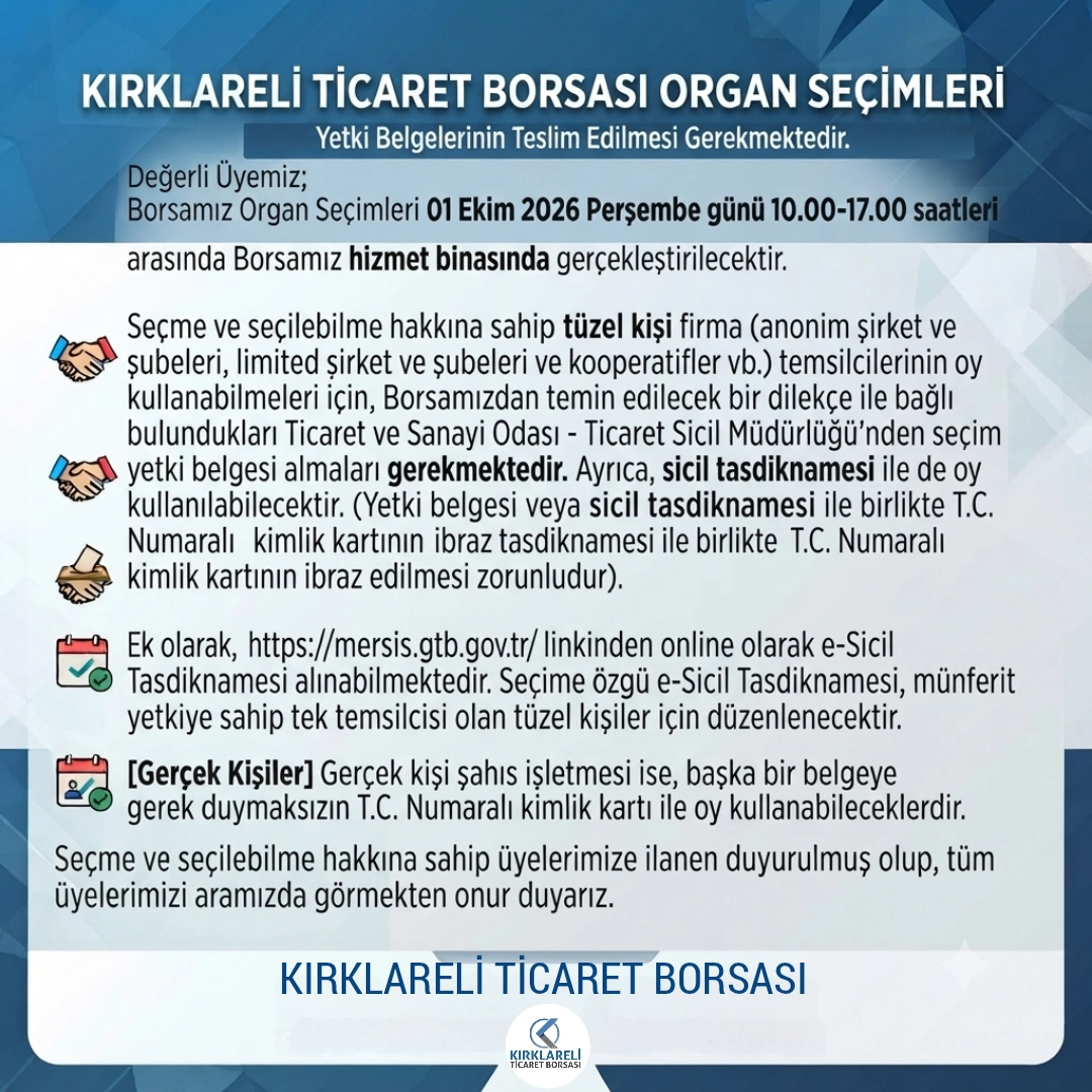 KIRKLARELİ TİCARET BORSASI ORGAN SEÇİMLERİ YETKİ BELGESi