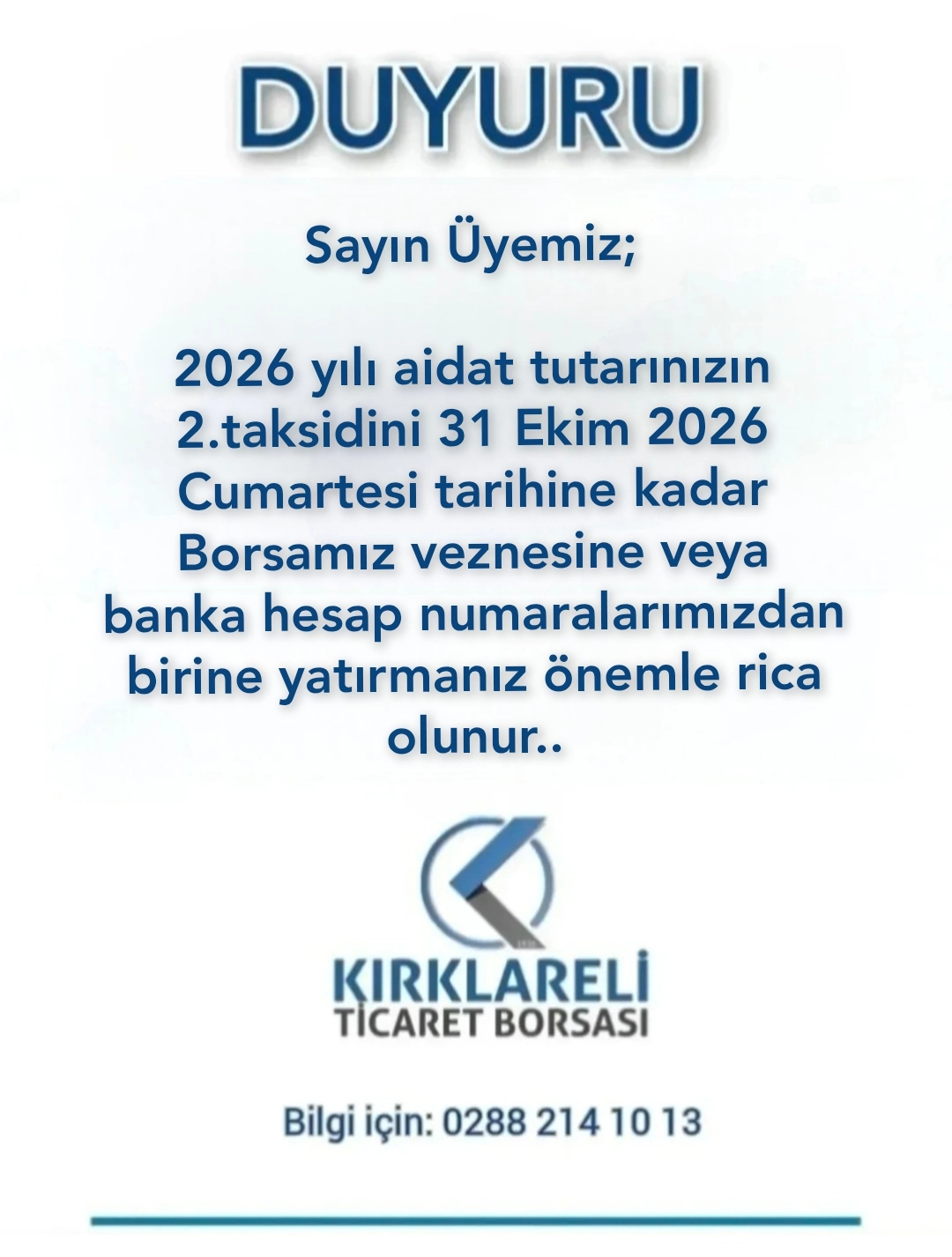 2026 Yılı Aidat 2. Taksit Ödemeleri Son Tarihi 31 Ekim 2026