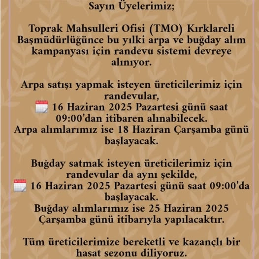 TMO Kırklareli Başmüdürlüğünce bu yılki arpa ve buğday alım kampanyası için randevu sistemi devreye alınıyor