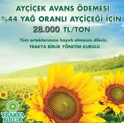 Trakya Birlik tarafından %44 yağ oranlı ayçiçeği için açıklanan 28.000 TL/Ton avans fiyatı, çiftçimize hayırlı olsun.